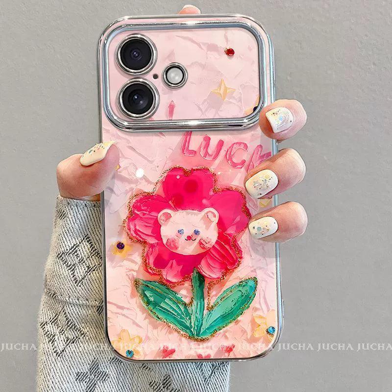 油絵の花とクマ デザイン 高級感あふれるブレスレット兼スタンド付き スマホケース、iPhone に対応