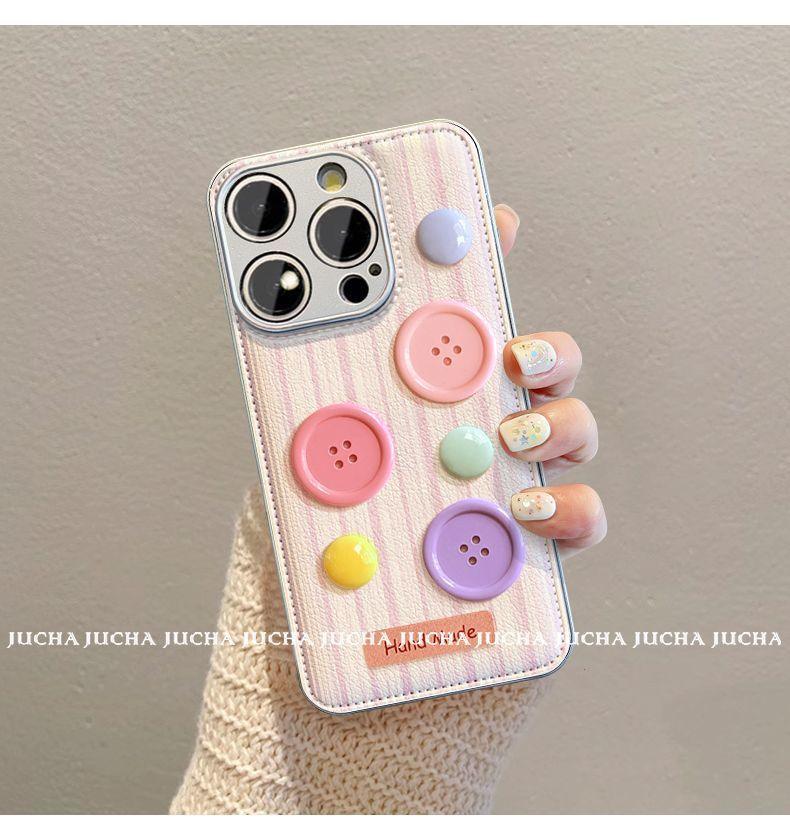Pink and purple button design, luxurious strap-on smartphone case, compatible with iPhone