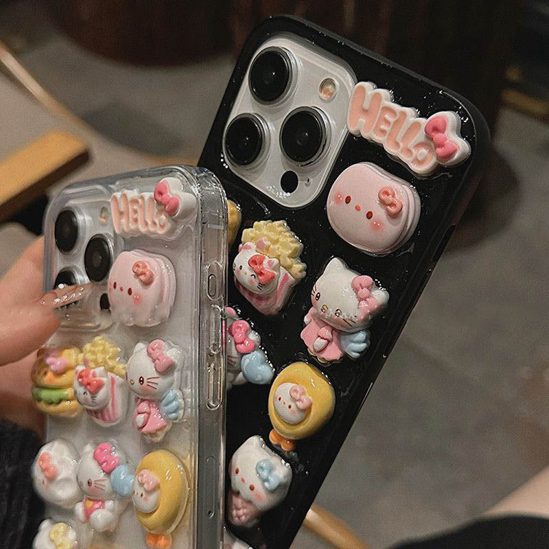 スマホケース 満屏食べ物と可愛いハローキティが融合したスマホケース 耐衝撃・防振性能に優れ、高級感あふれるスマホケースで、iPhone に対応