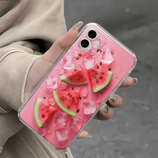 スマホケース  氷とスイカテーマ、冷たくて甘いスイカを一口食べたときの爽快感!  耐衝撃・防振性能に優れ、高級感あふれるスマホケースで、iPhone に対応