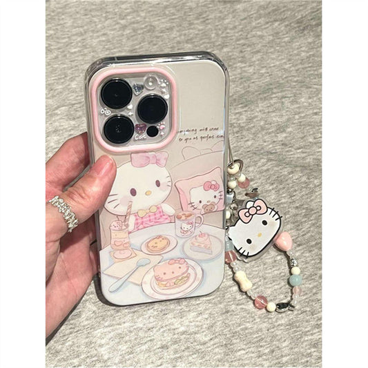 スマホケース  ハローキティが食事テーマ、  耐衝撃・防振性能に優れ、高級感あふれるスマホケースで、iPhone に対応