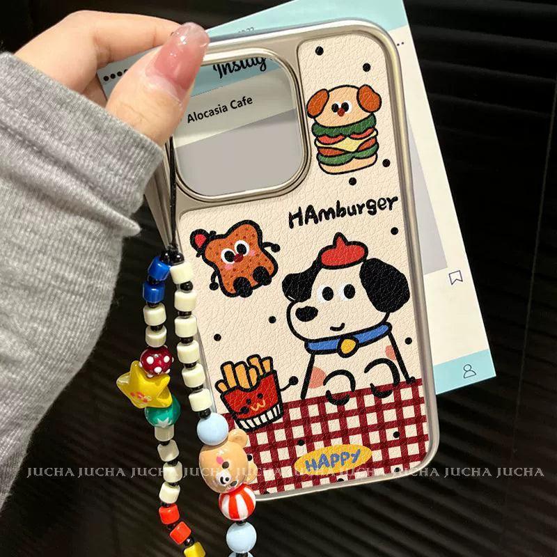 ハンバーガーと子犬のデザイン 高級感 あふれる 紐付き スマホケース iPhone に対応