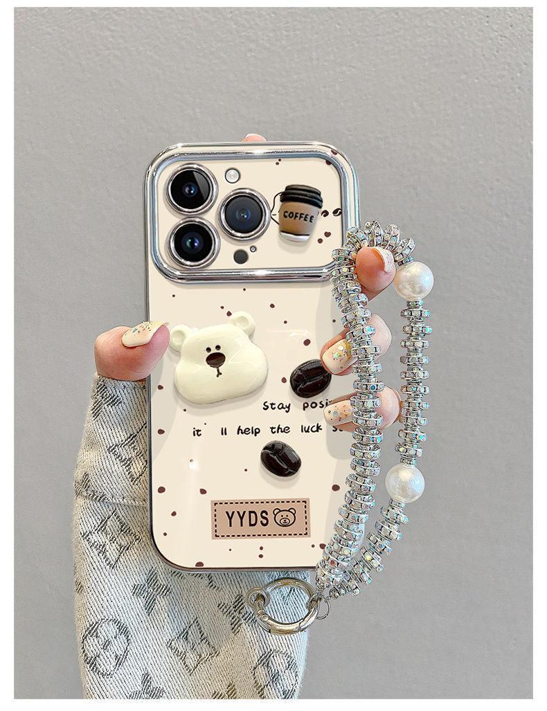 コーヒー豆の小熊デザイン 高級感 あふれる 紐付きス タンド付き スマホケース iPhone に対応