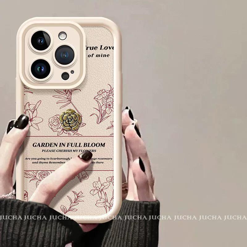 ラインデザインの赤い椿デザイン 高級感あふれる スマホケース iPhone に対応