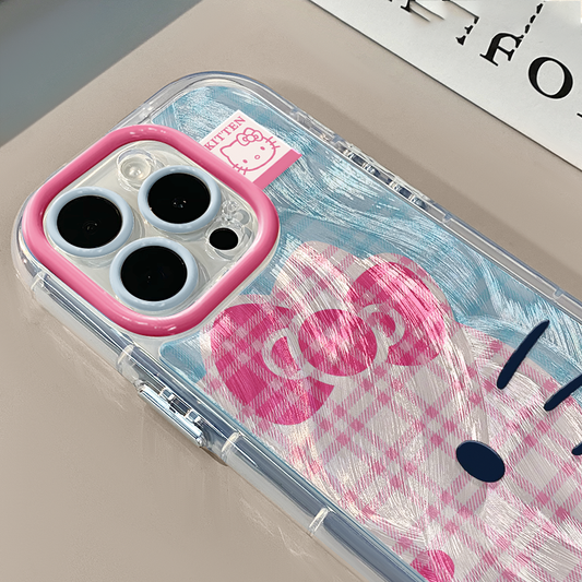 スマホケース  ピンクチェック柄のハローキティマテーマ、  耐衝撃・防振性能に優れ、高級感あふれるスマホケースで、iPhone に対応