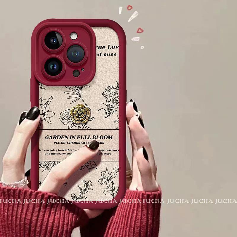 ラインデザインの赤い椿デザイン 高級感あふれる スマホケース iPhone に対応