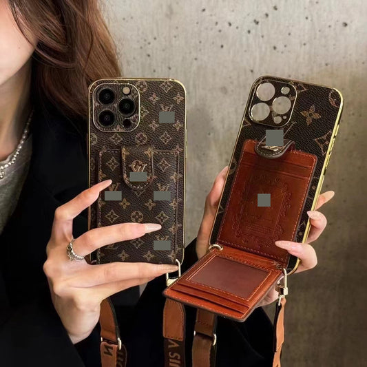 #429 スマホケース メッキ加工 紐付き カードケース付き 耐衝撃・防振性能に優れ、iPhone に対応