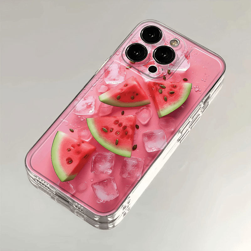 スマホケース  氷とスイカテーマ、冷たくて甘いスイカを一口食べたときの爽快感!  耐衝撃・防振性能に優れ、高級感あふれるスマホケースで、iPhone に対応