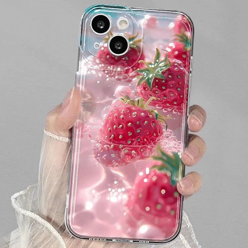 スマホケース  透明感溢れる水中に、艶やかなストロベリーテーマ、  耐衝撃・防振性能に優れ、高級感あふれるスマホケースで、iPhone に対応
