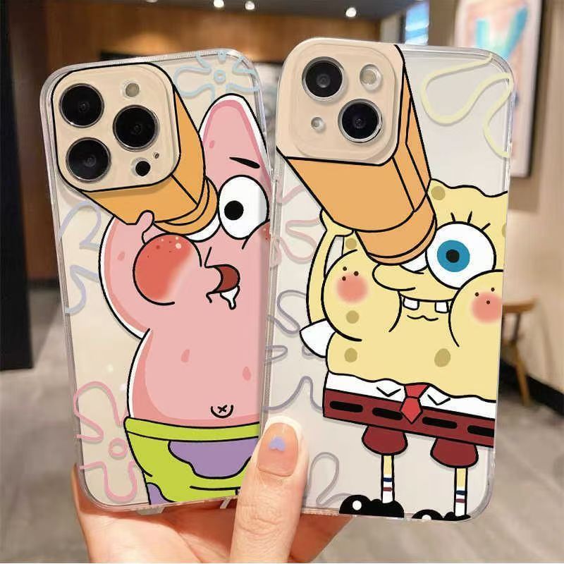 スマホケース  望遠鏡を持ったスポンジボブとパトリック  耐衝撃・防振性能に優れ、高級感あふれるスマホケースで、iPhone に対応