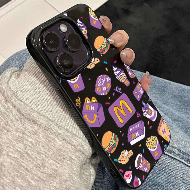 スマホケース  個性的な紫色を基調にしたハンバーガーデザインのスマホケース!  耐衝撃・防振性能に優れ、高級感あふれるスマホケースで、iPhone に対応