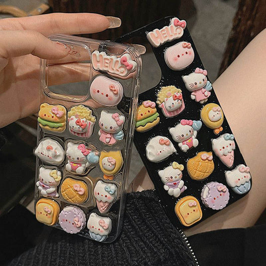 スマホケース  満屏食べ物と可愛いハローキティが融合したスマホケース  耐衝撃・防振性能に優れ、高級感あふれるスマホケースで、iPhone に対応