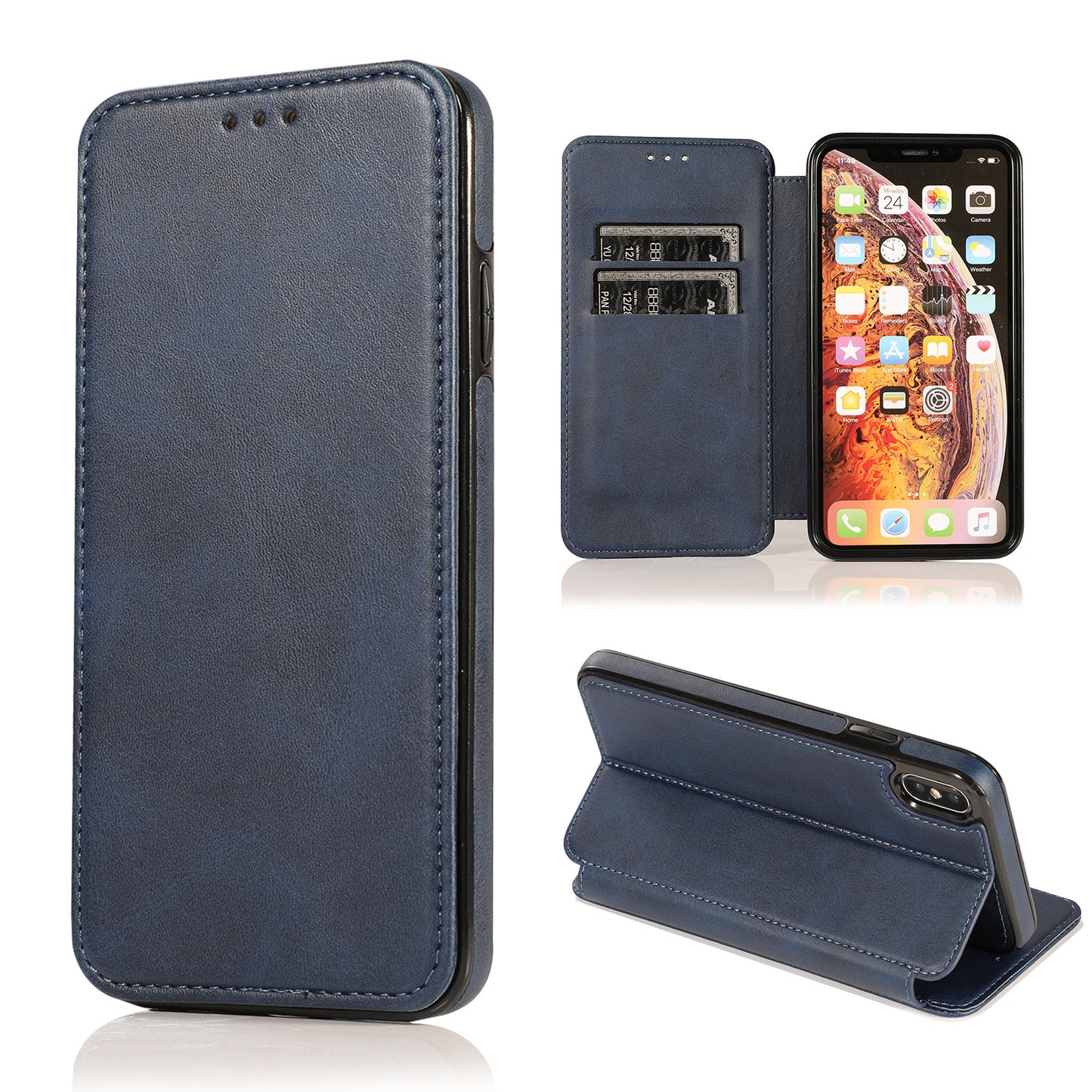 手帳型スマホケース  1 体で 3 つの機能を兼ね備えた、  耐衝撃・防振性能に優れ、高級感あふれるスマホケースで、iPhone に対応
