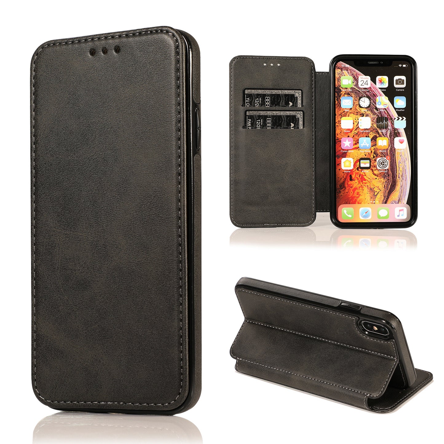 手帳型スマホケース  1 体で 3 つの機能を兼ね備えた、  耐衝撃・防振性能に優れ、高級感あふれるスマホケースで、iPhone に対応