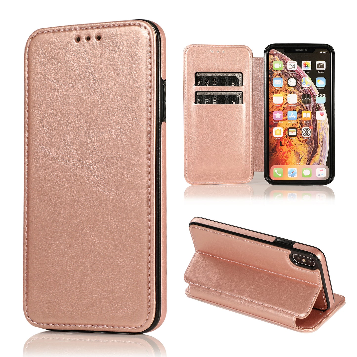 手帳型スマホケース  1 体で 3 つの機能を兼ね備えた、  耐衝撃・防振性能に優れ、高級感あふれるスマホケースで、iPhone に対応