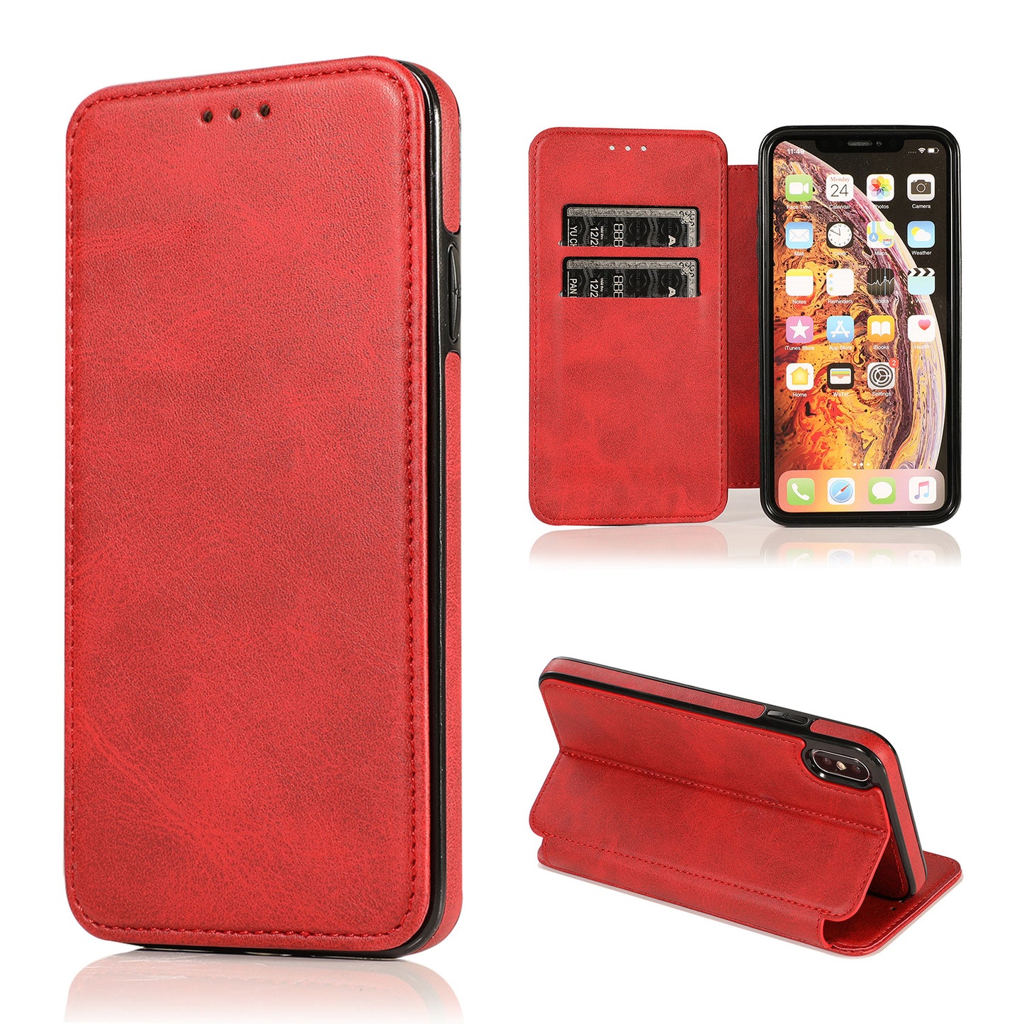 手帳型スマホケース  1 体で 3 つの機能を兼ね備えた、  耐衝撃・防振性能に優れ、高級感あふれるスマホケースで、iPhone に対応