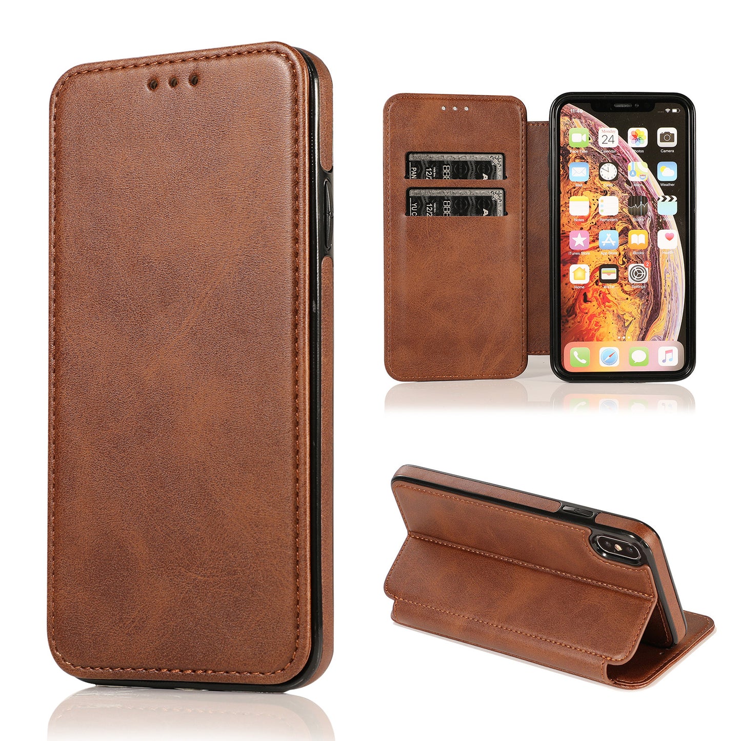 手帳型スマホケース  1 体で 3 つの機能を兼ね備えた、  耐衝撃・防振性能に優れ、高級感あふれるスマホケースで、iPhone に対応