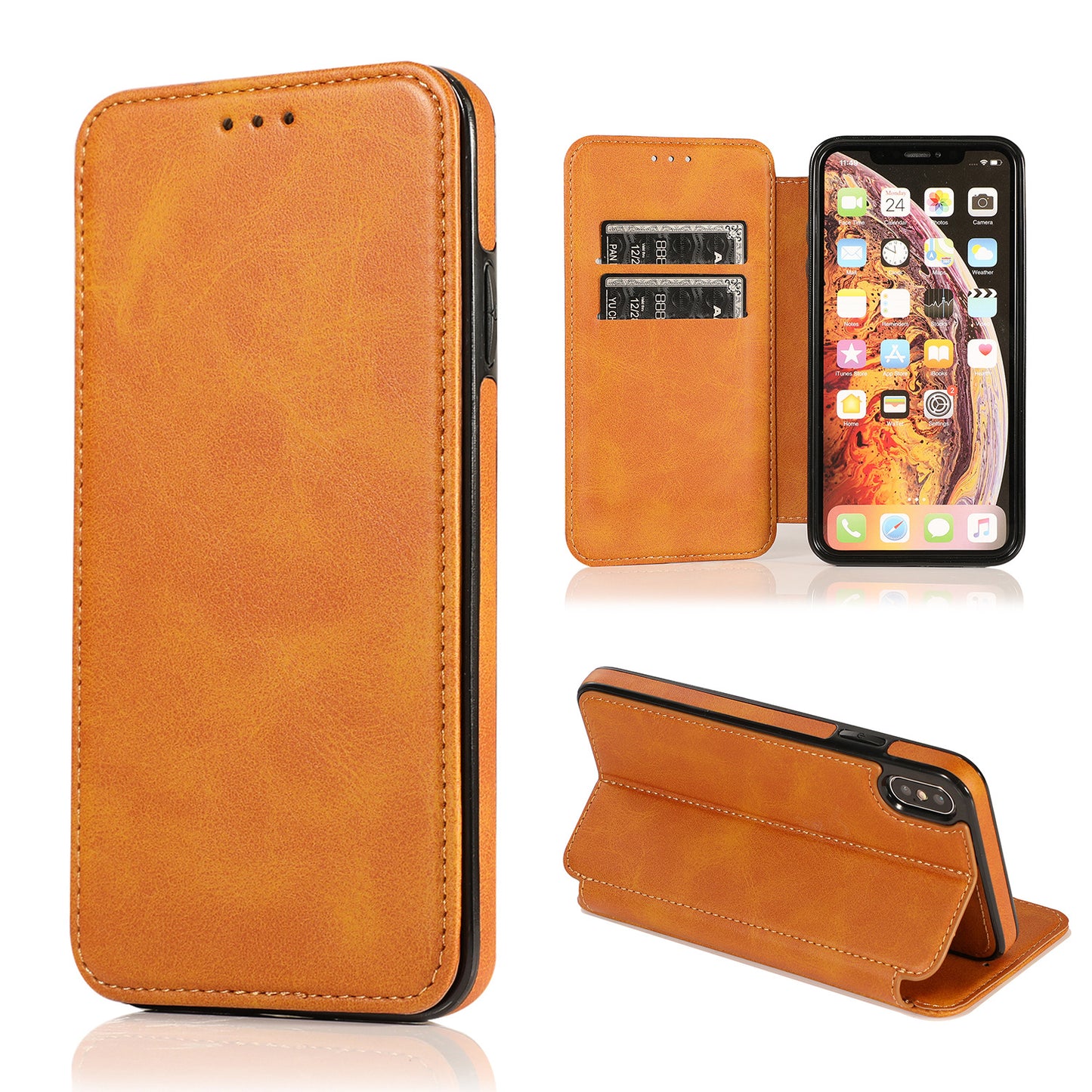 手帳型スマホケース  1 体で 3 つの機能を兼ね備えた、  耐衝撃・防振性能に優れ、高級感あふれるスマホケースで、iPhone に対応