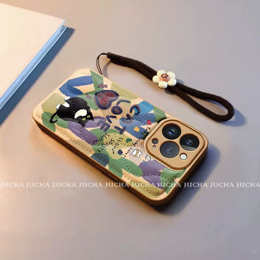 Colorful painted cat pattern, luxurious smartphone case with drawstring, compatible with iPhone