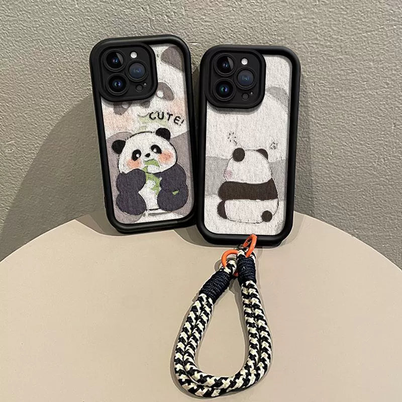 Oil painting style panda design, excellent shock and vibration resistance, luxurious smartphone case with drawstring, compatible with iPhone