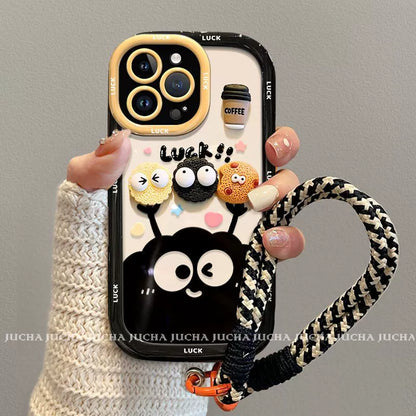 A luxurious smartphone case with a string, featuring a cookie charcoal ball motif, compatible with iPhone