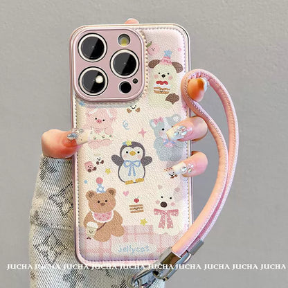 Animal cake party design, luxurious smartphone case with string, compatible with iPhone