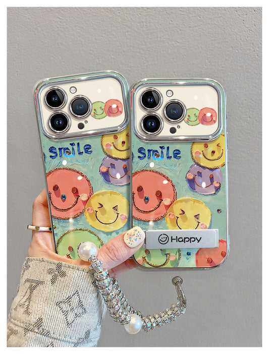 Oil painting smile design, luxurious, with drawstring and stand, smartphone case for iPhone