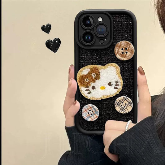 Fluffy Hello Kitty and button design, luxurious smartphone case, compatible with iPhone