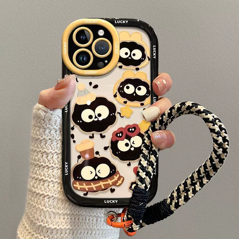 A luxurious smartphone case with a cord that incorporates a lucky soot ball design for iPhone