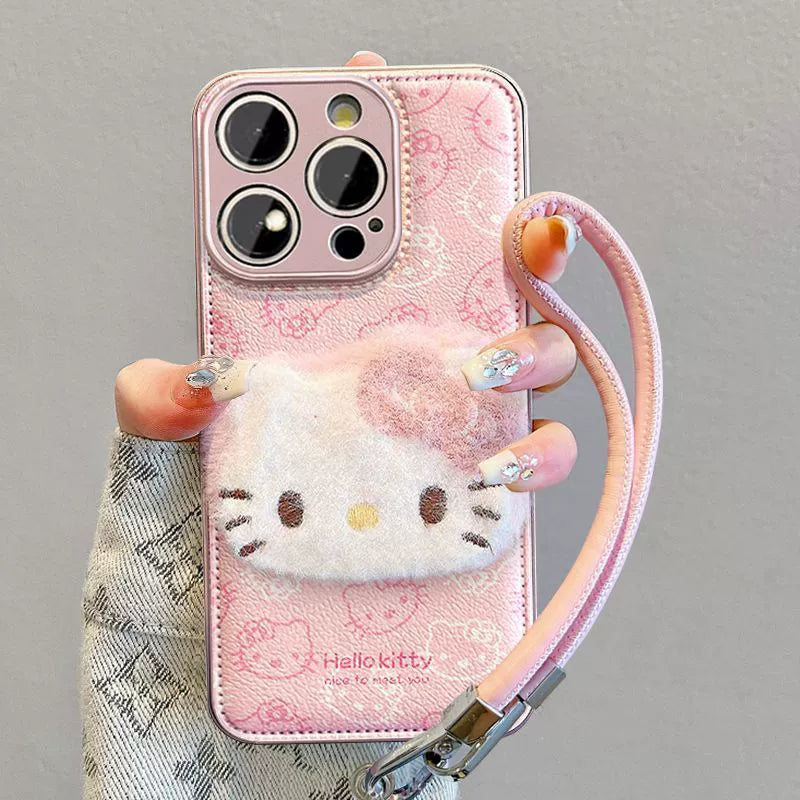 立体のぬいぐるみ風 Hello Kitty  デザイン  高級感あふれる 紐付き スマホケース  iPhone に対応