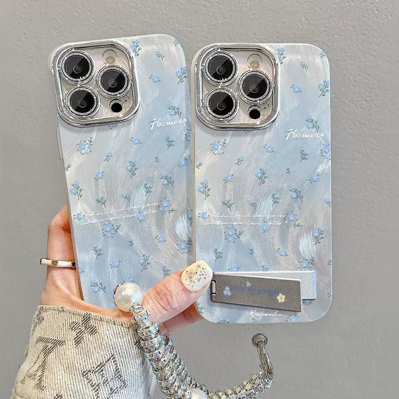 Blue small floral pattern, luxurious smartphone case with strap and stand, compatible with iPhone