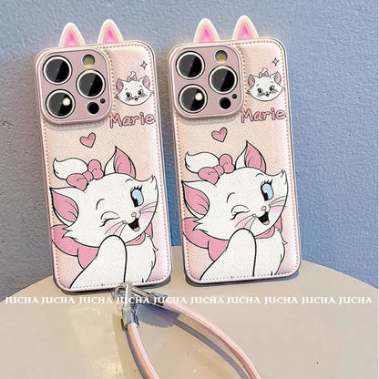 A luxurious smartphone case with a string, featuring a pink-eared Marie Cat design, excellent shock and vibration resistance, and compatible with iPhones.