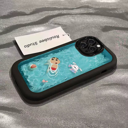 Crayon Shin-chan design for summer swimming. Highly shock-resistant silicone, luxurious smartphone case, compatible with iPhone.