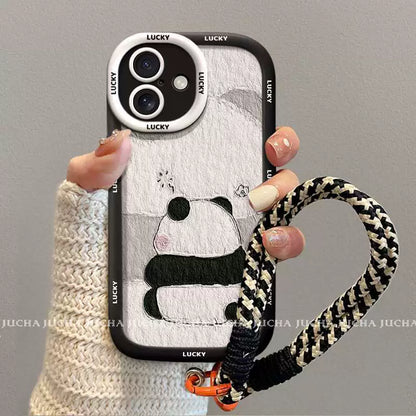 A luxurious smartphone case with a cute panda motif and a drawstring for iPhone