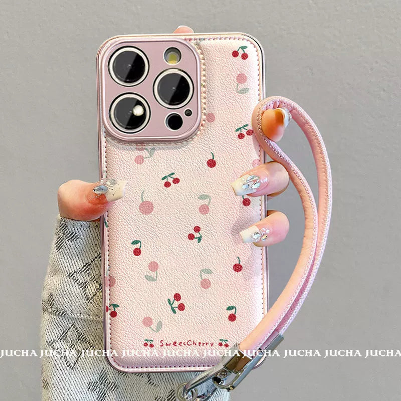 A small cherry design, luxurious smartphone case with a drawstring, compatible with iPhone