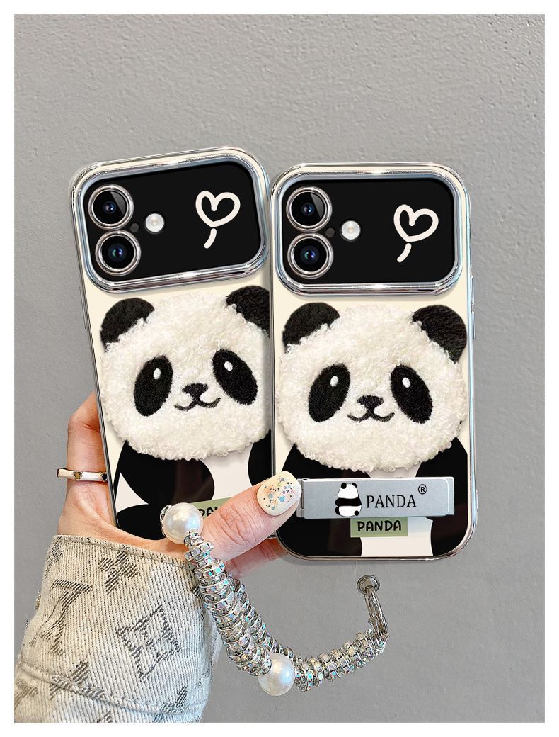 A three-dimensional fluffy panda design with a luxurious feel. Comes with a drawstring and stand. Smartphone case for iPhone.