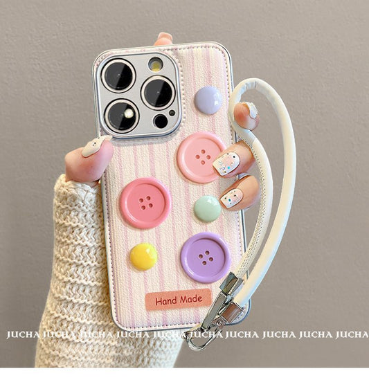 Pink and purple button design, luxurious strap-on smartphone case, compatible with iPhone