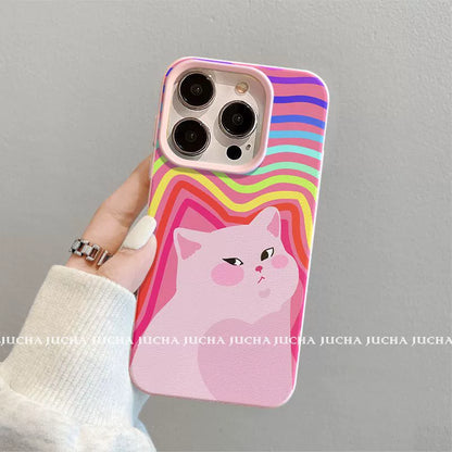 A luxurious smartphone case with a colorful striped pink cat design, excellent shock and vibration resistance, compatible with iPhone