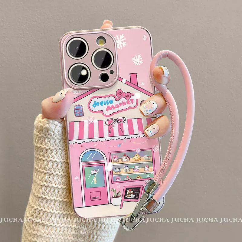 A popular Hello Kitty dessert shop design, with excellent shock and vibration resistance, this luxurious smartphone case with a string is compatible with the iPhone.