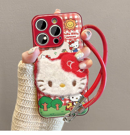 Fluffy Hello Kitty doll design, luxurious smartphone case with drawstring, compatible with iPhone