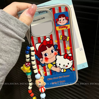 Striped Milk Girl design. Made of silicone, it is shock-resistant and luxurious. Smartphone case with string, compatible with iPhone.