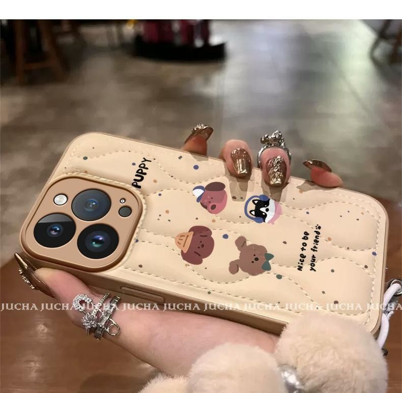 可愛い子犬のポートレート 高級感あふれる 紐付き スマホケース iPhone に対応