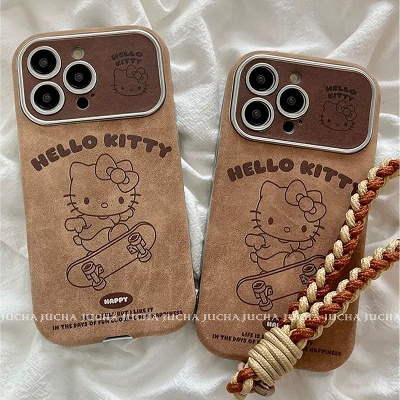 A Hello Kitty skateboarding design, this luxurious smartphone case with drawstring is shock-resistant and vibration-proof, and is compatible with the iPhone.