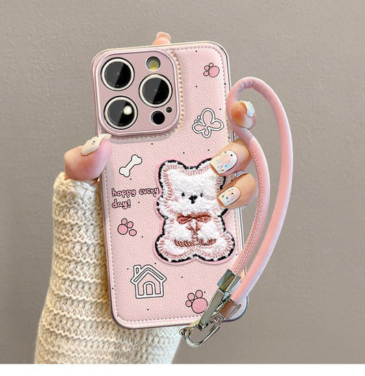 A cute puppy in a pink house design, excellent shock and vibration resistance, luxurious smartphone case with string, compatible with iPhone