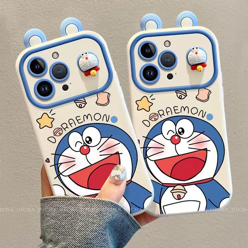 A luxurious smartphone case with a Doraemon motif and a drawstring for iPhone