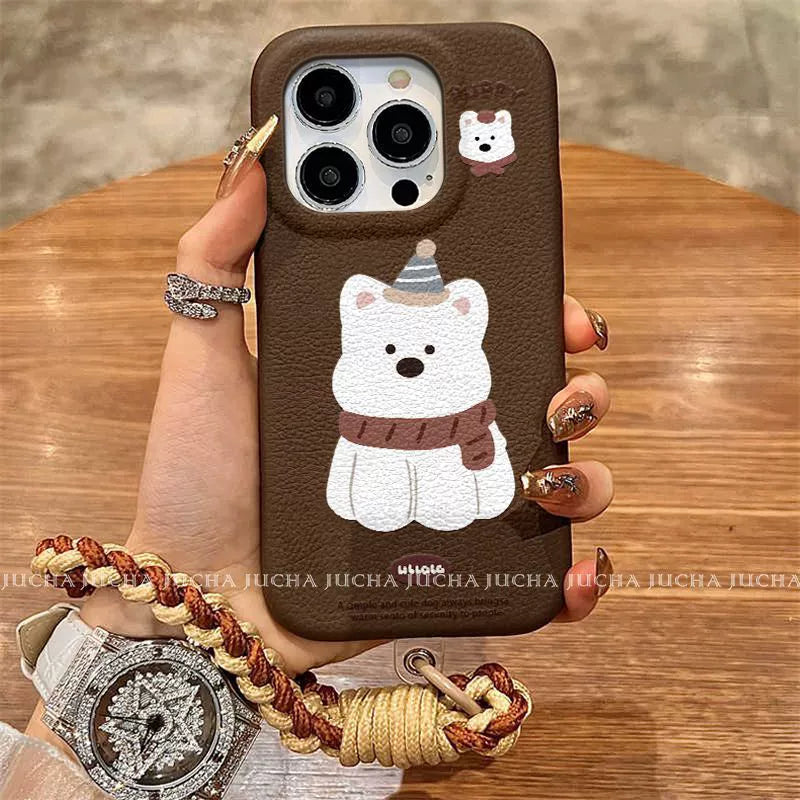 A luxurious smartphone case with a string attached, designed with a puppy wearing a scarf, excellent shock and vibration resistance, and compatible with iPhones.