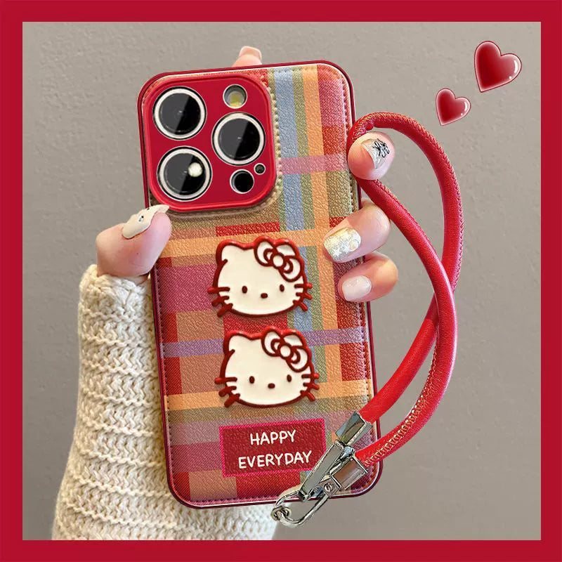 A checkered Hello Kitty design, excellent vibration-proofing, and luxurious smartphone case with a drawstring that is compatible with the iPhone