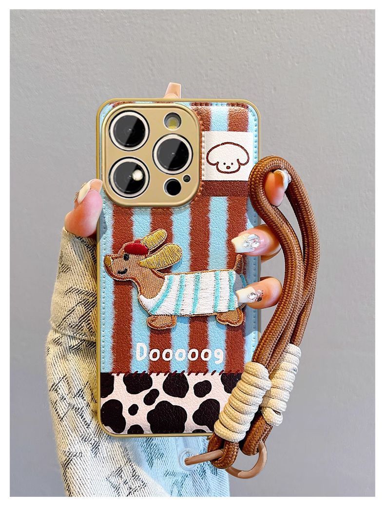 A luxurious smartphone case with a striped embroidered dog design and a drawstring that is compatible with iPhones