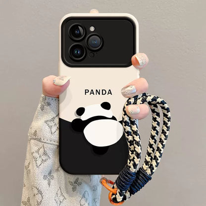 A luxurious smartphone case with a string and a design of a bear panda climbing up the mountain, compatible with iPhone