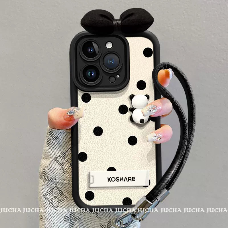 Polka dot panda, luxurious smartphone case with stand, string and stick-on decoration, compatible with iPhone